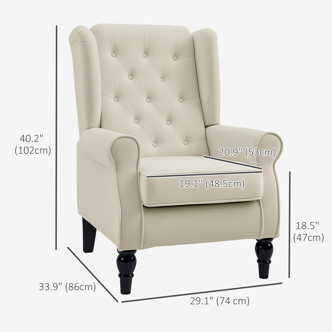 HOMCOM Fabric Accent Chair, Button Tufted Armchair, Upholstered Modern Living Room Chair, Wingback Chair with Wood Legs, Rolled Arms, Thick Padding for Bedroom, White