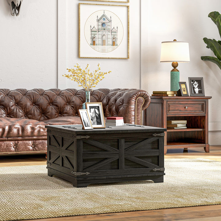 HOMCOM Farmhouse Coffee Table, Square Center Table with Flip-top Lids, Hidden Storage Compartment, Black