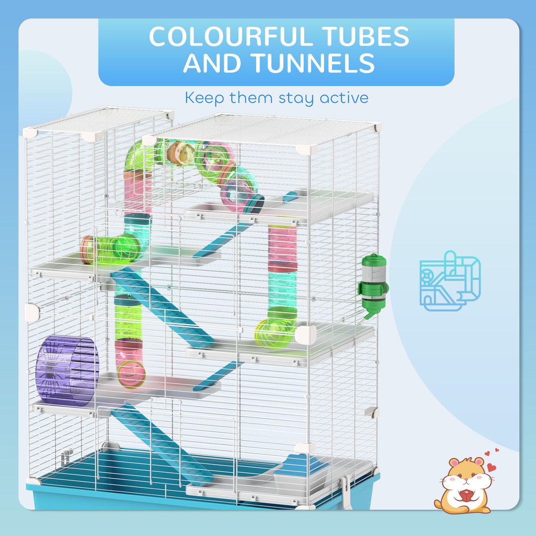 PawHut 6 Tier Hamster Cage w/ Tunnels and Tubes, Hut, Wheel, Food Dish, Water Bottle, Ramps, for Dwarf & Gerbil, Light Blue