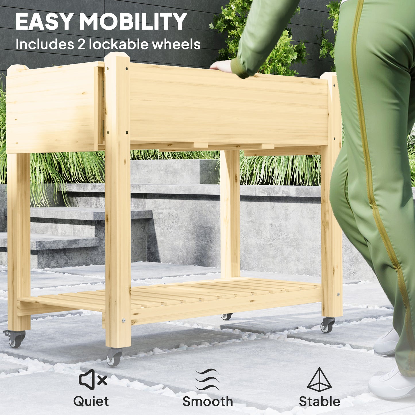 Outsunny Raised Garden Bed, Wood Planter Box with Lockable Wheels, Side Tables, Bottom Shelf, Bed Liner, Drain Holes, Natural