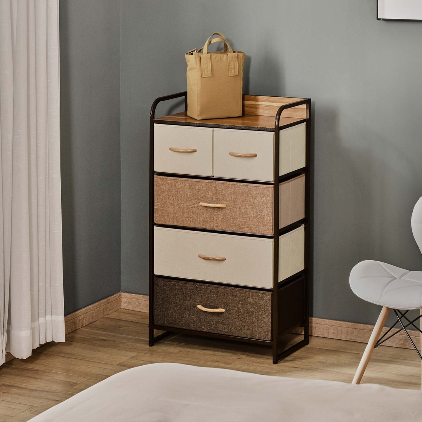 HOMCOM Dresser for Bedroom with 5 Drawers, Chest of Drawers with Metal Frame, Fabric Dresser for Living Room, Multi-Coloured