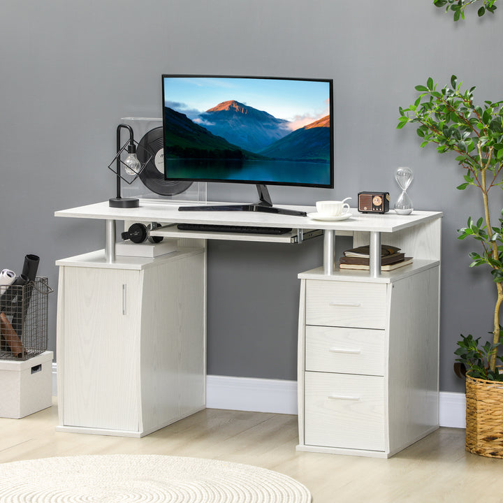 HOMCOM 47" Computer Desk with Keyboard Tray and Storage Drawers, Home Office Workstation Table with Storage Shelves, White