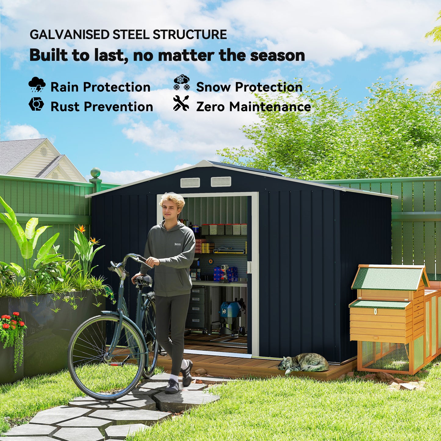Outsunny 9.1'x6.4'x6.3' Garden Storage Shed w/ Floor Foundation Metal Tool Storage House w/ Double Doors Dark Grey Yellow