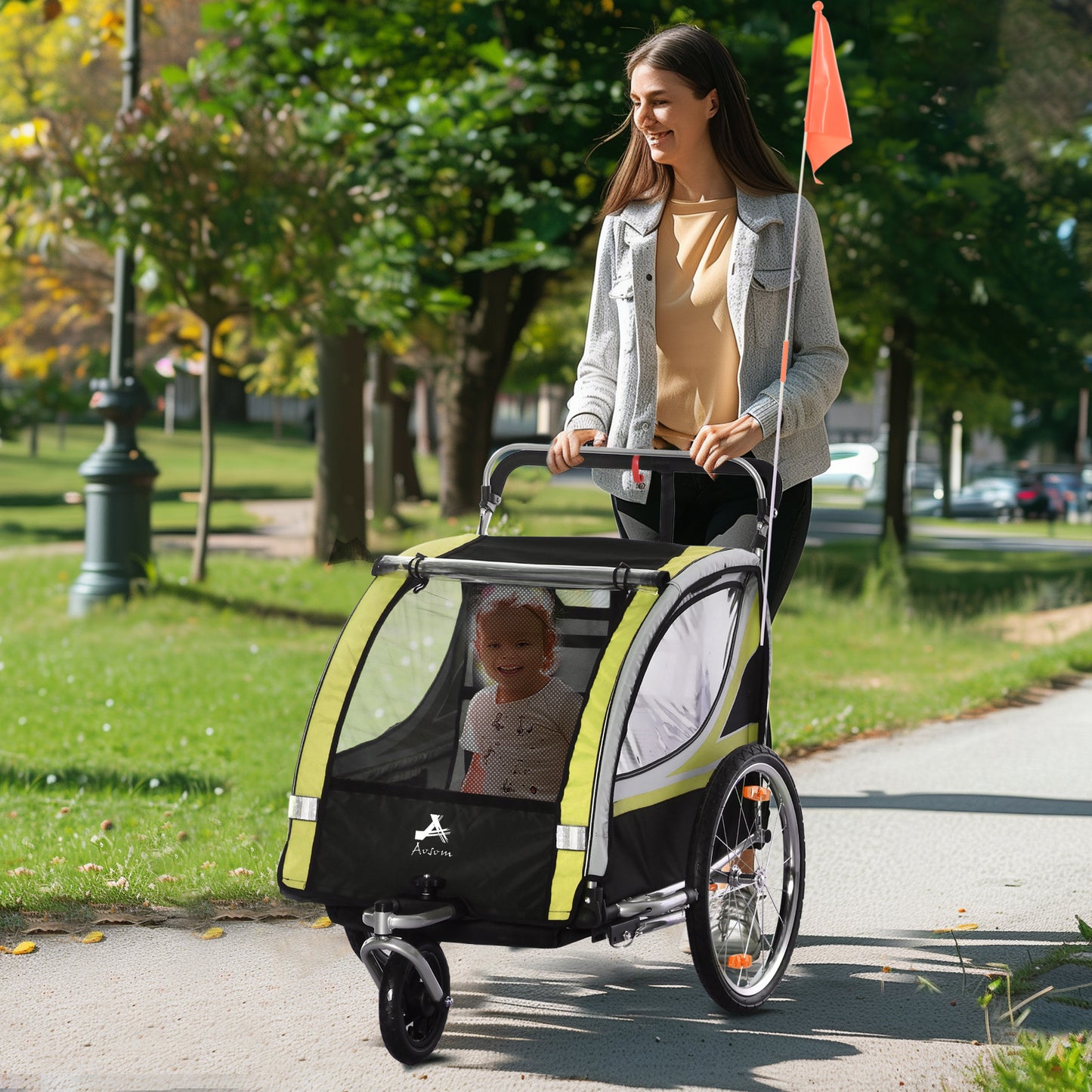 Aosom 2 Seat Bike Trailer for Kids 2-in-1 Double Baby Jogging Stroller with Handbrake, Rubber Wheels, 5 Point Harness, Waterproof Cover, Storage Bag, Reflectors, Yellow