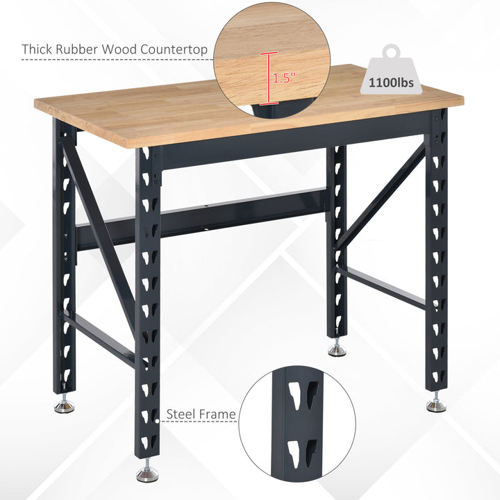 HOMCOM 45" Workbench, Solid Wood Tabletop Workstation, Work Table with Four Adjustable Foot Pads, Weight Capacity 1100 Lbs