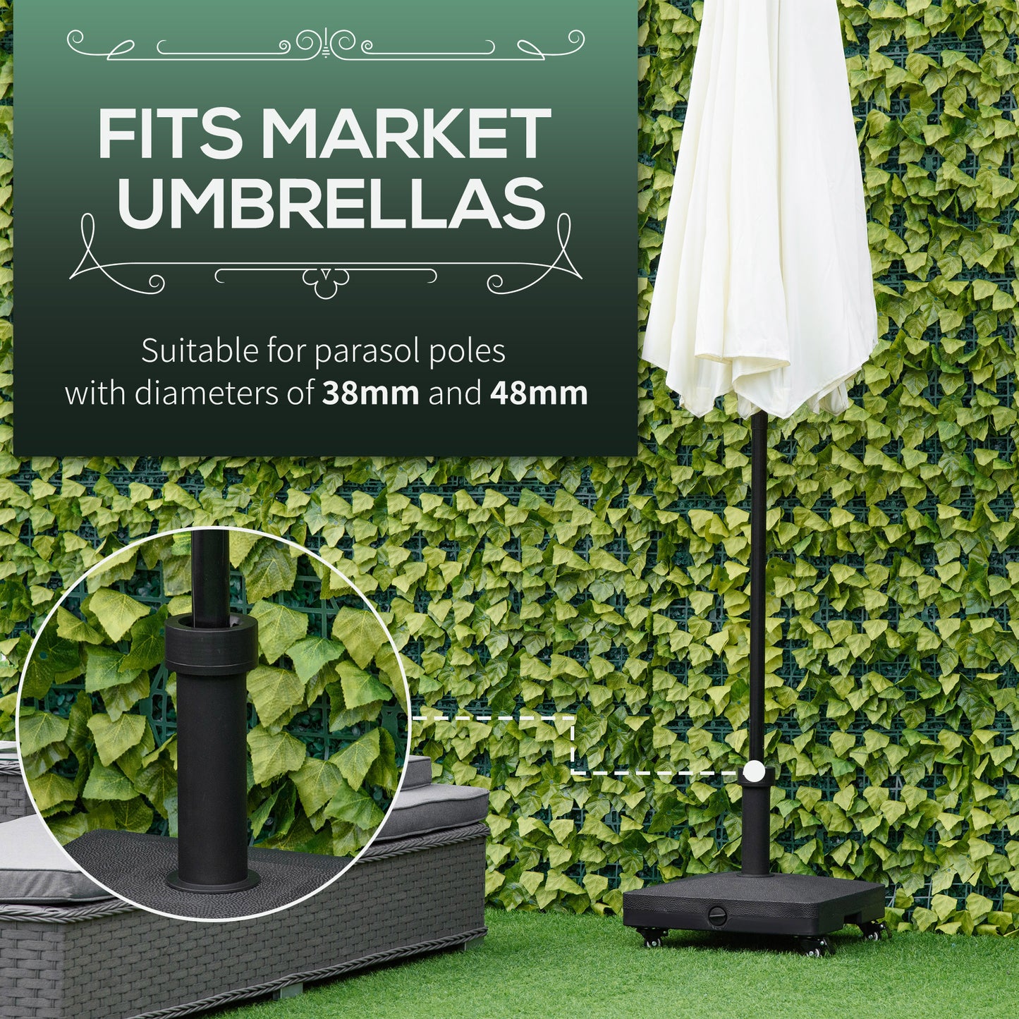 Outsunny Square Parasol Base Portable Umbrella Stand Weights for Cantilever Banana Parasol with Wheels, Water or Sand Filled, for Î¦0.75'', Î¦1.5'' Poles, Black