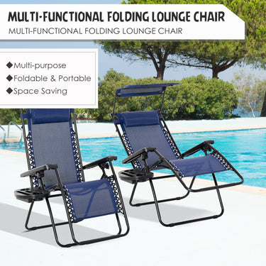 Outsunny 2 Piece Foldable Lounge Chair with Canopy Shade, Outdoor Zero Gravity Chair w/ Side Tray & Cup Holder, Reclining Lounger w/ Breathable Mesh Fabric Seat, Pillow, Blue