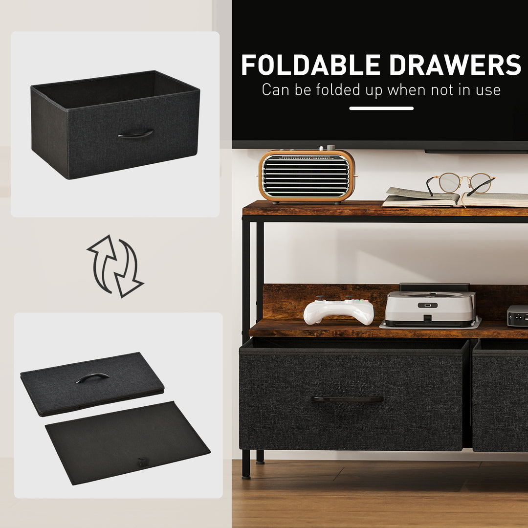 HOMCOM TV Stand with Charging Station, TV Table with 2 Foldable Linen Drawers and Open Shelf for 47 Inch TV, Rustic Brown