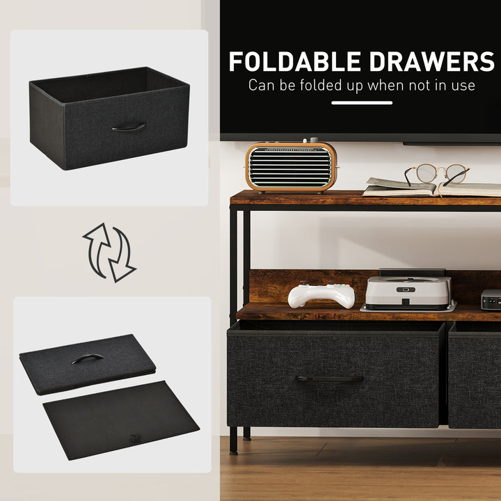 HOMCOM TV Stand with Charging Station, TV Table with 2 Foldable Linen Drawers and Open Shelf for 47 Inch TV, Rustic Brown