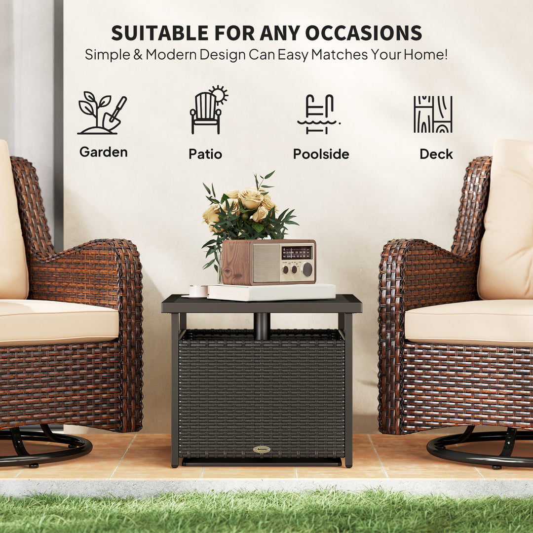 Outsunny 21.75" Outdoor Rattan Wicker Patio Coffee Table with Umbrella Hole, Patio Side Table with Slatted Metal Top, Brown