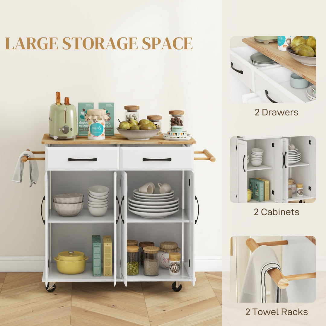 HOMCOM Kitchen Island on Wheels with Rubberwood Top, Rolling Kitchen Cart with 2 Drawers, 4 Doors and Adjustable Shelves