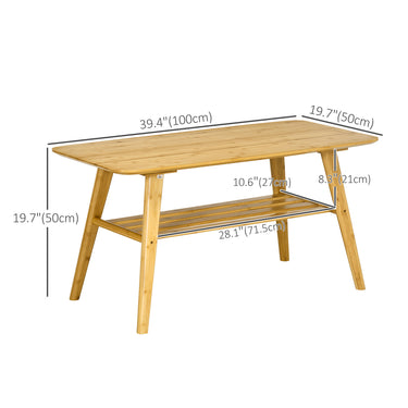 HOMCOM 2 Tier Coffee Table Bamboo Tea Table with Storage Shelf Sleek Rectangle Desk Wood Grain Living Room Home Furniture 39.25" x 19.75" x 19.75"