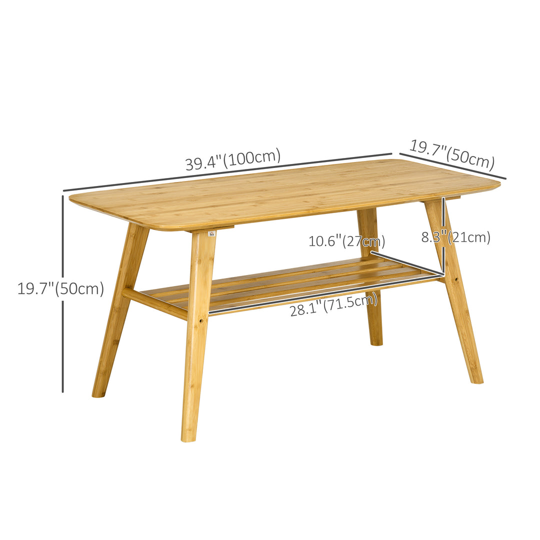HOMCOM 2 Tier Coffee Table Bamboo Tea Table with Storage Shelf Sleek Rectangle Desk Wood Grain Living Room Home Furniture 39.25" x 19.75" x 19.75"