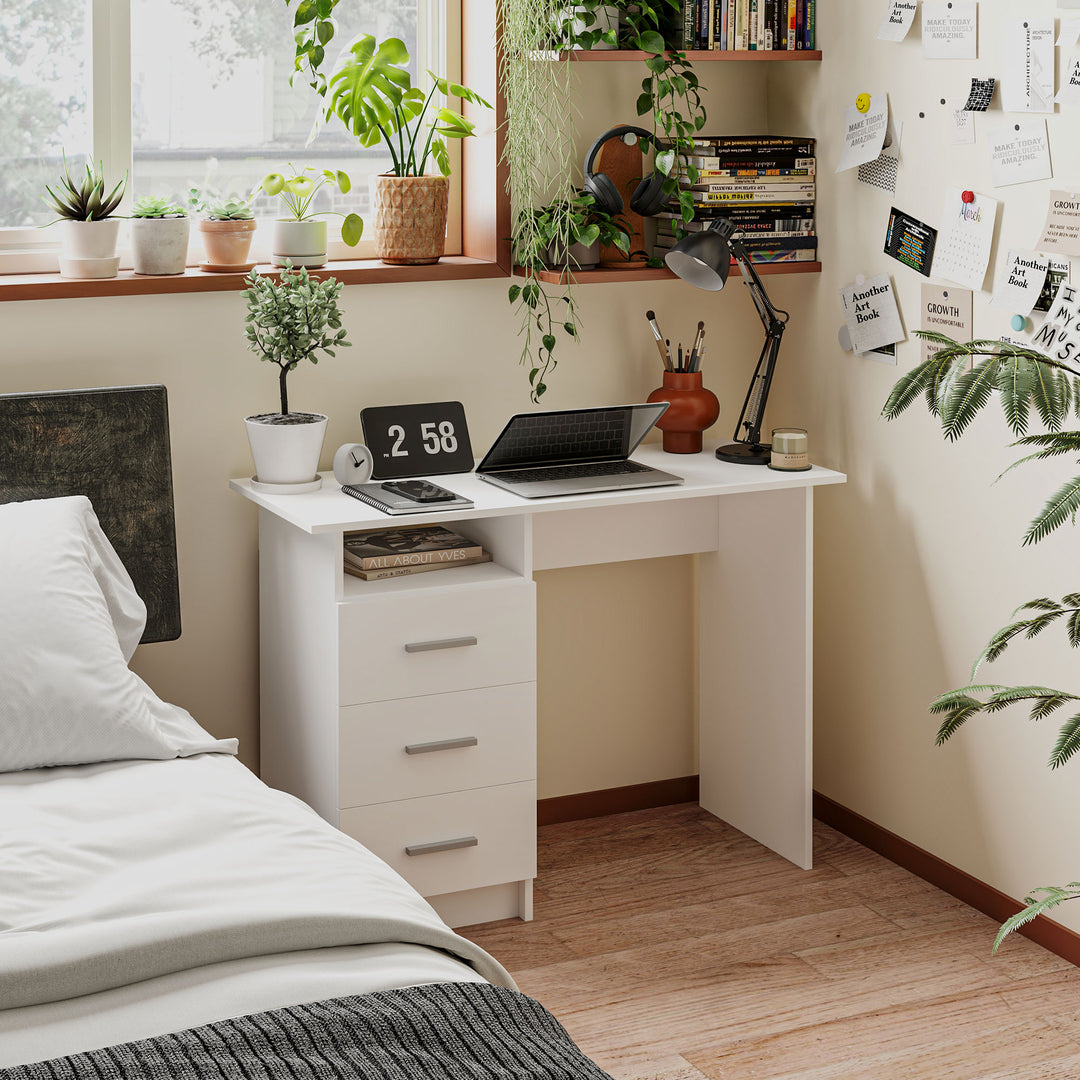 HOMCOM Computer Desk with Storage, 39" Home Office Desk with 3 Drawers nad Open Shelf, Writing Table for Bedroom, White