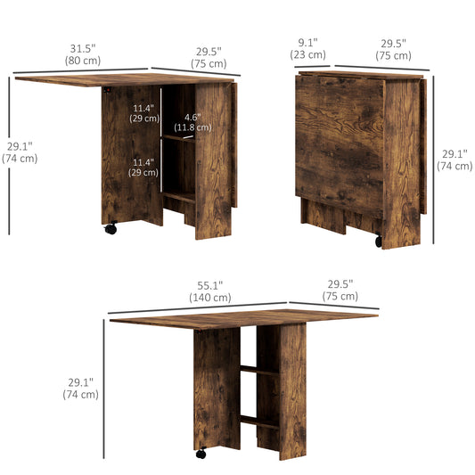 HOMCOM Extendable Dining Table, Collapsible Folding Table w/ 2-tier Shelves and Rolling Casters, Rustic Brown