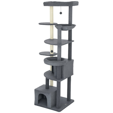 PawHut 79" Extra Tall Cat Tree with Scratching Posts, Perches, Caves, Hammock, Pompoms, for 2-3 Indoor Cats, Dark Grey