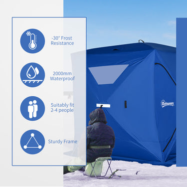 Outsunny 2-4 Person Pop-up Ice Fishing Tent Portable Ice Fishing Shelter with Windproof Windows and Carrying Bag Hub Fish Shelter, Blue