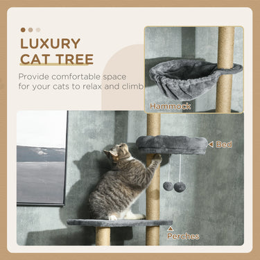PawHut Floor to Ceiling Cat Tree, 90.5" - 98.5" Cat Tower with Scratching Post, Dangling Balls, Platforms, Bed, Hammock, Grey
