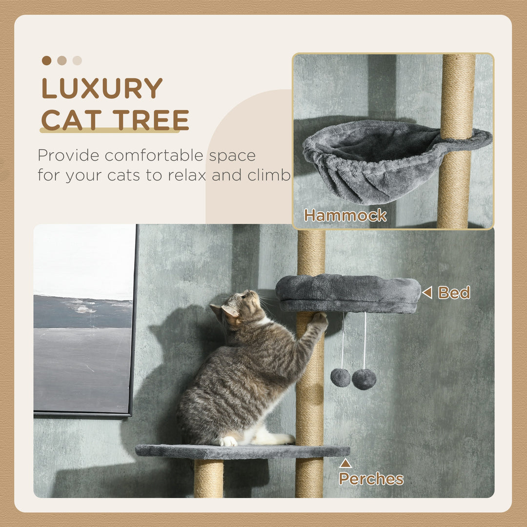 PawHut Floor to Ceiling Cat Tree, 90.5" - 98.5" Cat Tower with Scratching Post, Dangling Balls, Platforms, Bed, Hammock, Grey