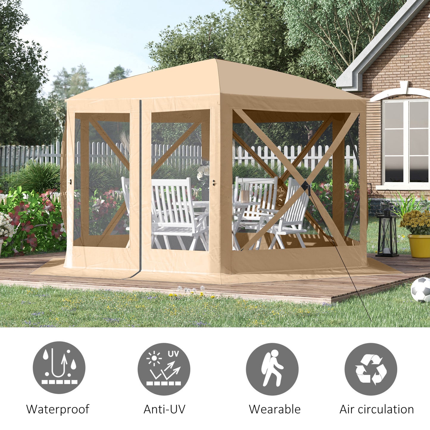 Outsunny 12' x 12' Hexagon Automatic Pop Up Screen Tents Camping Shelter Picnic Canopy Outdoor Sun Shade w/ Mesh Sidewalls and Carry Bag Beige