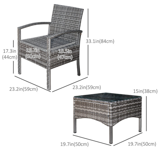 Outsunny 3 Pieces Wicker Patio Furniture Set, Rattan Bistro Set with Coffee Table and Cushions, Outdoor Conversation Set for Garden, Porch, Balcony, Blue