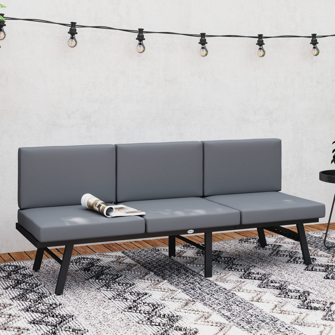 Outsunny 3-in-1 3-Seater Outdoor Sofa, Lounge Chair with 5-Position Adjustable Back, Patio Loveseat with Folding Table, Grey