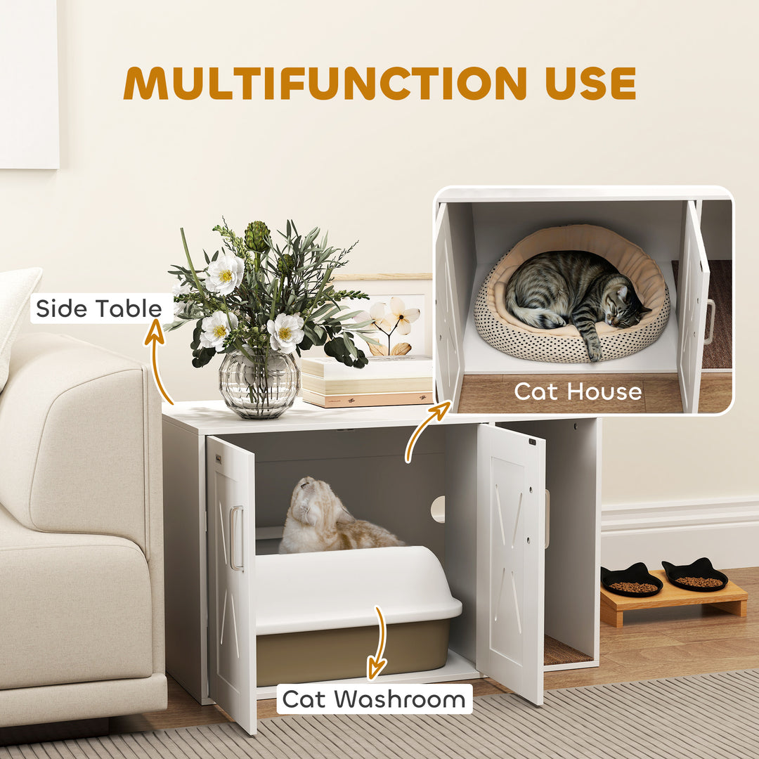PawHut Cat Litter Box Enclosure, Hidden Cat Litter Box Furniture with Scratching Board, 31.5" x 19" x 20", White
