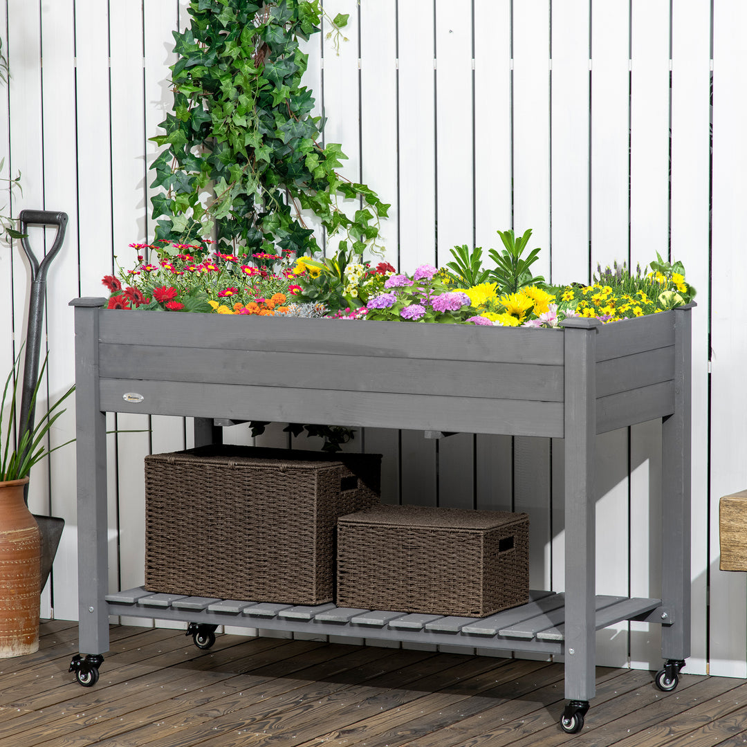 Outsunny Mobile Raised Garden Bed Elevated Wood Planter Box w/ Lockable Wheels, Storage Shelf  for Herbs Vegetables, Dark Grey