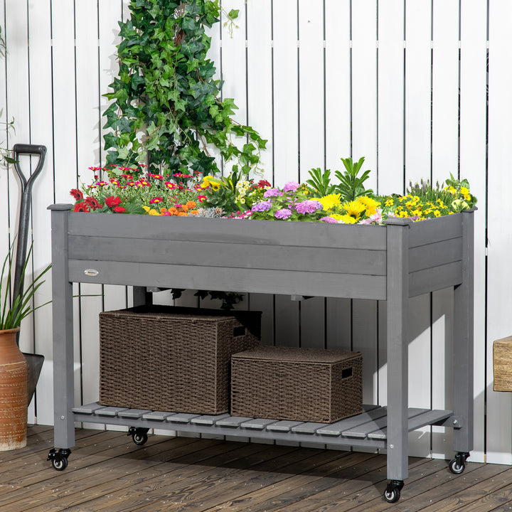 Outsunny Mobile Raised Garden Bed Elevated Wood Planter Box w/ Lockable Wheels, Storage Shelf  for Herbs Vegetables, Dark Grey
