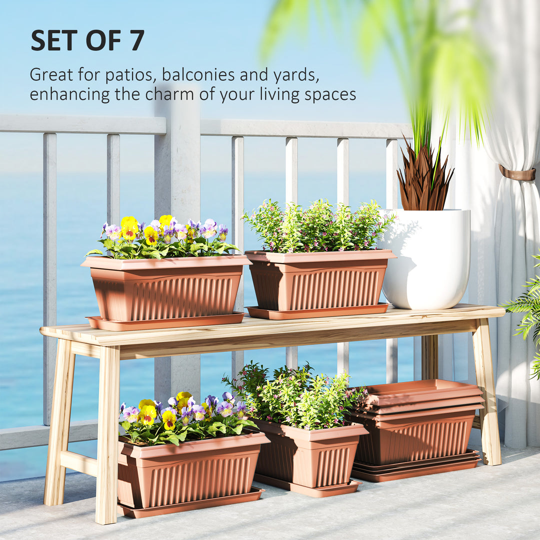 Outsunny 7 Pack 15.7" Plastic Flower Planters with Drainage Holes and Trays, Plant Pots for Indoor Outdoor Plants, Green