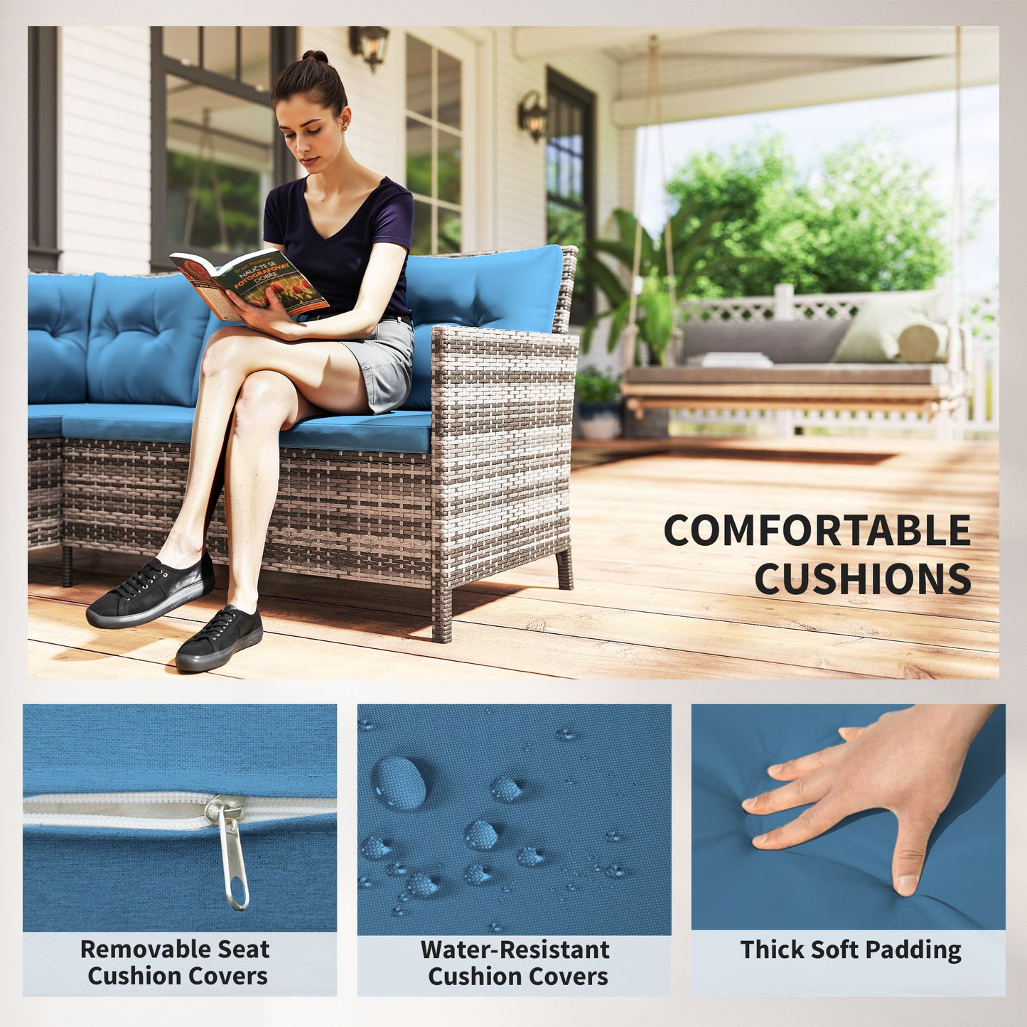 Outsunny 6pcs Outdoor Rattan Sofa Set Garden Wicker Sectional Couch Furniture Set with Dining Table and Chair White