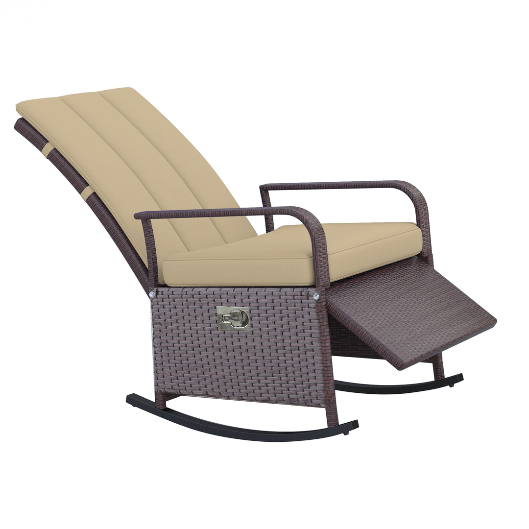Outsunny Outdoor Wicker Rocking Chair with Cushion, Patio PE Rattan Recliner Chair with Adjustable Footrest, Armrests, Dark Blue