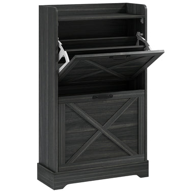 HOMCOM Slim Shoe Storage Cabinet, Farmhouse Shoe Cabinet with 2 Flip Drawers, Adjustable Shelves for 8 Pairs, Distressed Grey