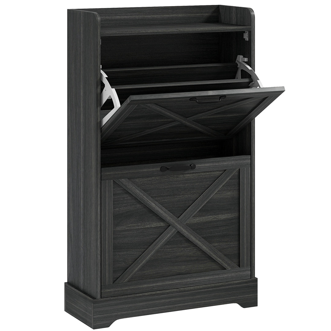 HOMCOM Slim Shoe Storage Cabinet, Farmhouse Shoe Cabinet with 2 Flip Drawers, Adjustable Shelves for 8 Pairs, Distressed Grey