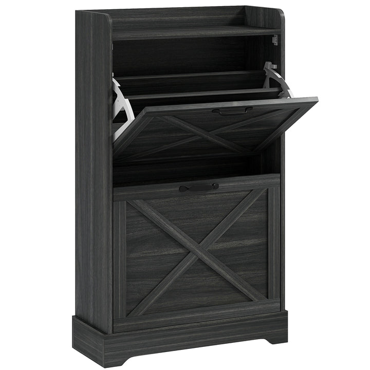 HOMCOM Slim Shoe Storage Cabinet, Farmhouse Shoe Cabinet with 2 Flip Drawers, Adjustable Shelves for 8 Pairs, Distressed Grey