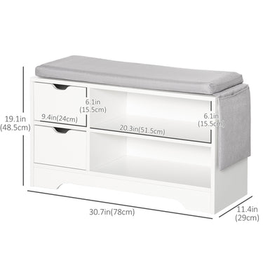 HOMCOM Upholstered Shoe Storage Bench w/ Seat, Entrance Bench w/ Drawer Open Shelves and Pocket for Hallway, White