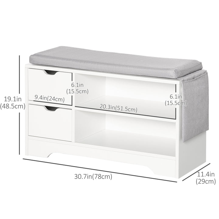 HOMCOM Upholstered Shoe Storage Bench w/ Seat, Entrance Bench w/ Drawer Open Shelves and Pocket for Hallway, White