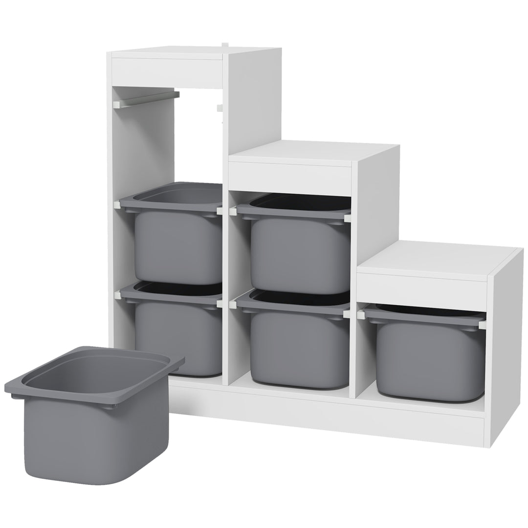 Qaba 3 Layers Toy Storage Organizer Kids Bookshelf Children Toy Storage w/ 6 Plastic Bins, Grey