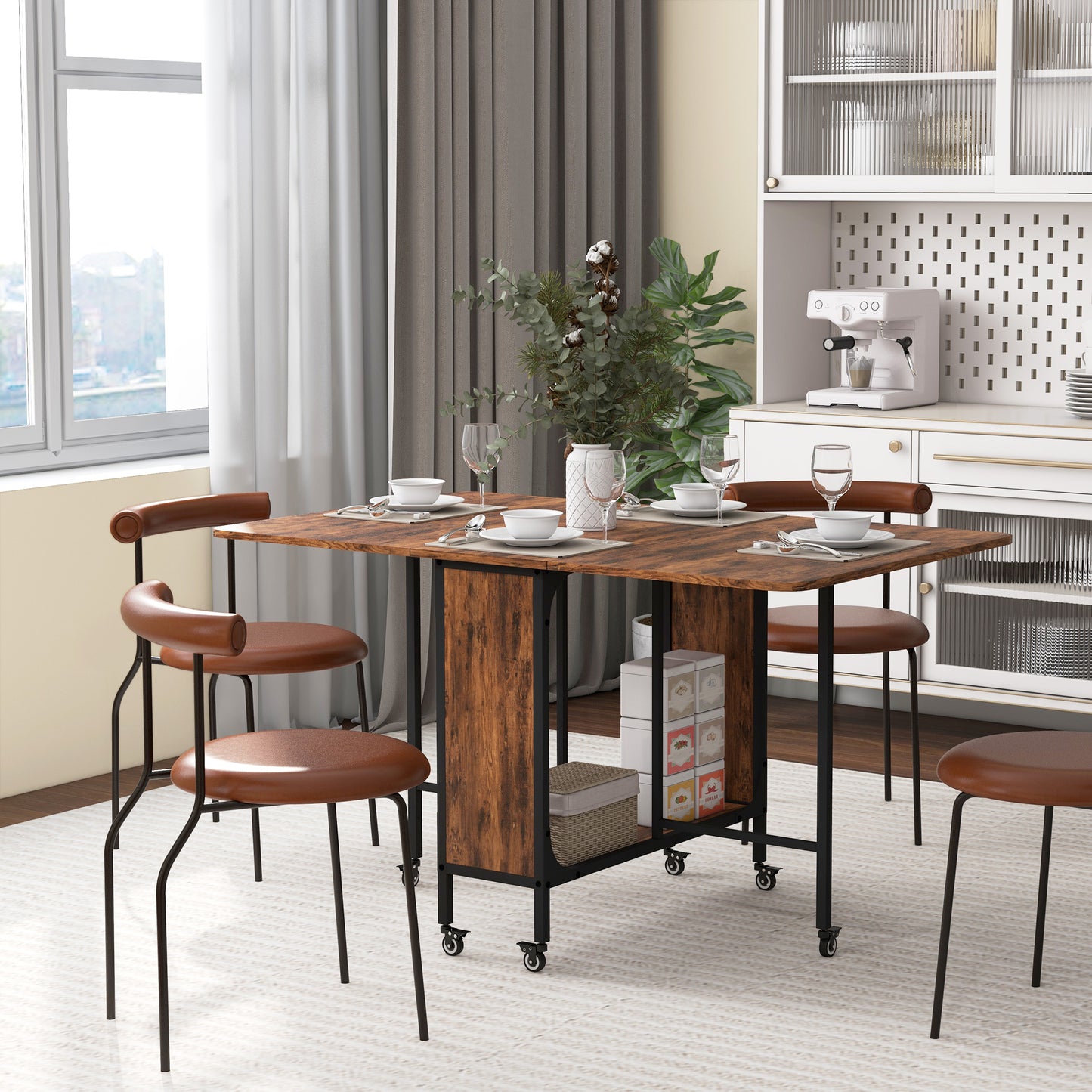 HOMCOM Folding Dining Table, Extendable Kitchen Table for Small Spaces with Storage Shelf and 6 Wheels, Rustic Brown
