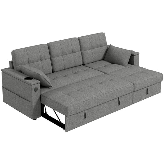 HOMCOM Convertible Sectional Sofa Bed, Pull Out Sleeper Sofa Couch with USBâ€‘A+C, Chaise Storage, L-Shaped Futon Couch, Grey