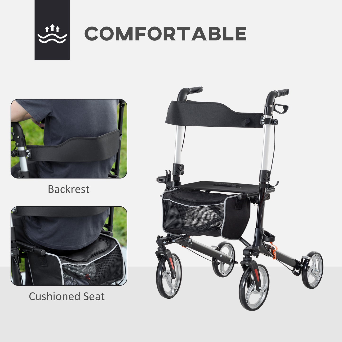 HOMCOM Lightweight Folding Rolling Walker with Large Seat, Back, Adjustable Handle, Bag, Dual Brake, Cane Holder, Red