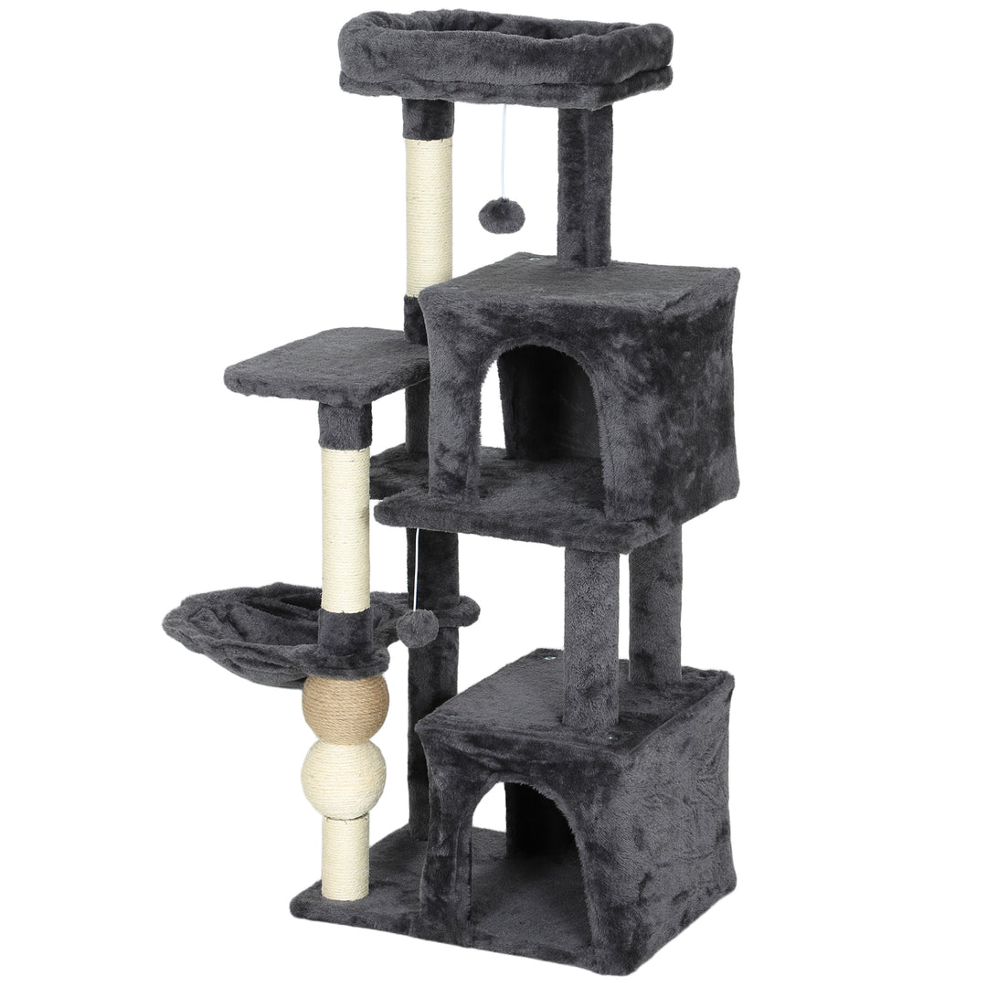 PawHut Cat Tower, 42" Multi-Level Cat Tree with Padded Plush Perch, Hammock, 2 Door Condos, Scratching Posts, Toy Balls