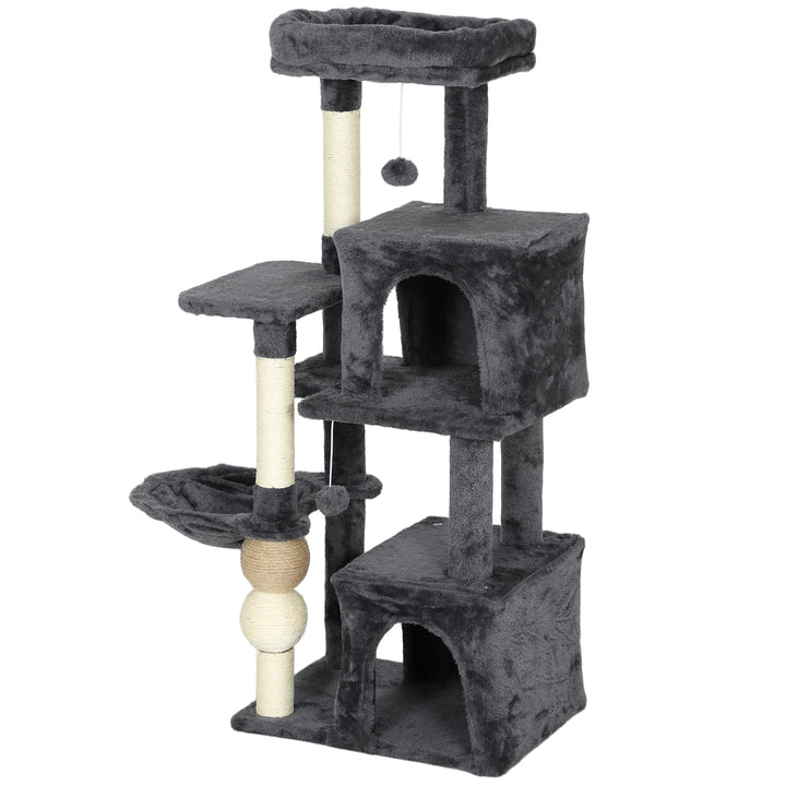 PawHut Cat Tower, 42" Multi-Level Cat Tree with Padded Plush Perch, Hammock, 2 Door Condos, Scratching Posts, Toy Balls