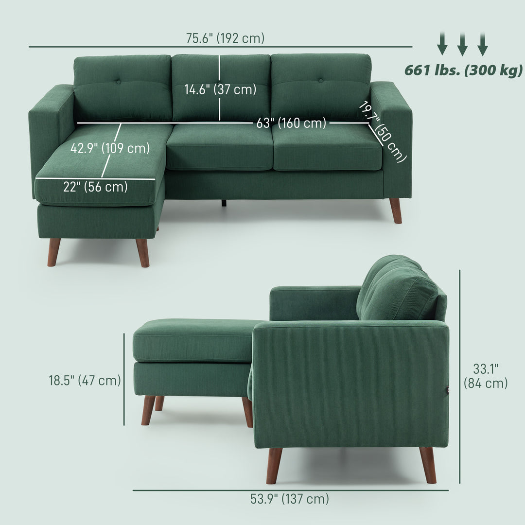 HOMCOM Sectional Sofa with Changeable Chaise Lounge, 3 Seat L-Shaped Sofa, Upholstered Couch for Small Space, Dark Green