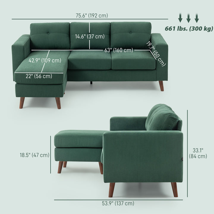 HOMCOM Sectional Sofa with Changeable Chaise Lounge, 3 Seat L-Shaped Sofa, Upholstered Couch for Small Space, Dark Green