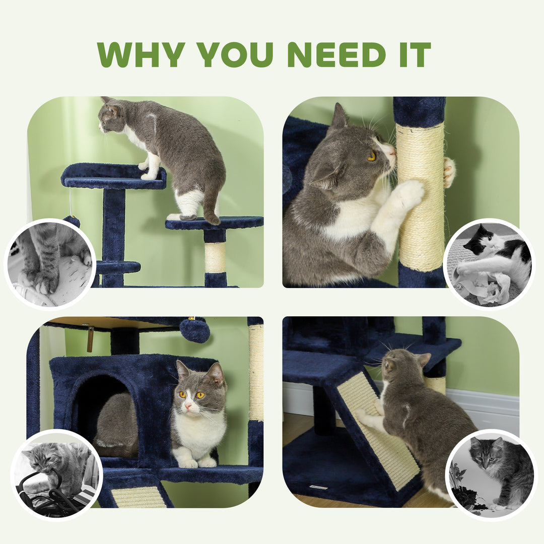 PawHut 54" Cat Tree, Multi-Level Cat Tower with Scratching Posts, Cat Condos, Bed, Platforms, Ramp, Toy Ball, Dark Blue