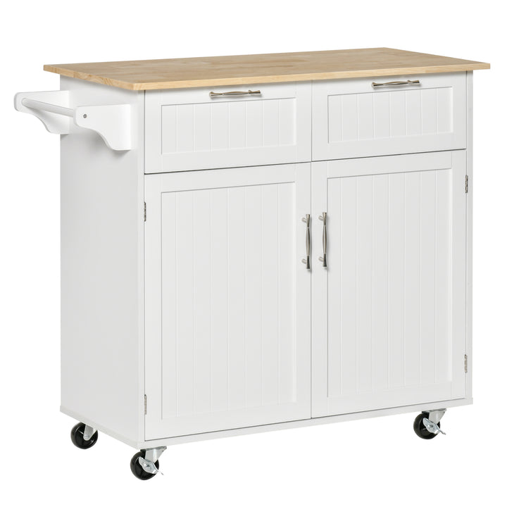 HOMCOM Rolling Kitchen Island with Storage Drawers, Kitchen Cart with Rubber Wood Top, Cabinet & Towel Rack, White