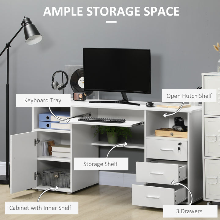 HOMCOM 57" Computer Desk with Drawers, Home Office Desk with Keyboard Tray, Open Shelves and Lockable Drawer, Writing Workstation for Study, Black