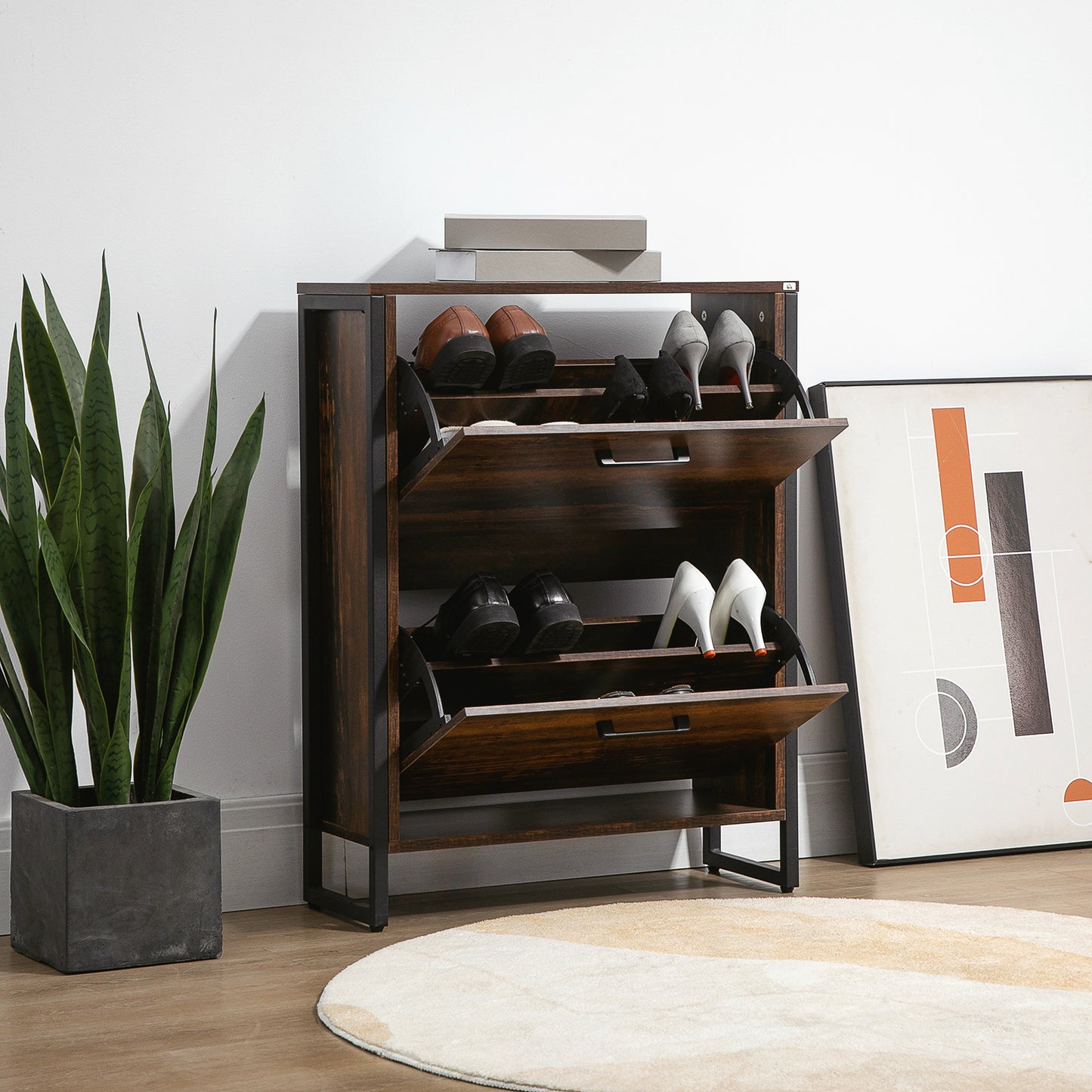 HOMCOM Shoe Cabinet with 2 Flip Doors, Slim 2-Drawer Shoe Cupboard with Divider and Open Compartment for 12 Pairs of Shoes, Entryway Storage Unit, Rustic Brown