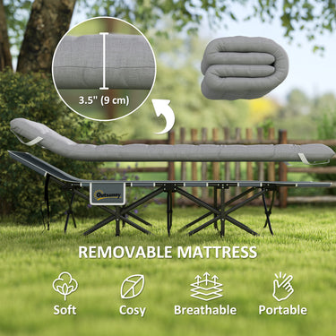 Outsunny 25.6" Wide Folding Bed, Camping Cot for Adults with Mattress, Carry Bag, Storage Pocket, Max Load 330 LBS, Light Grey